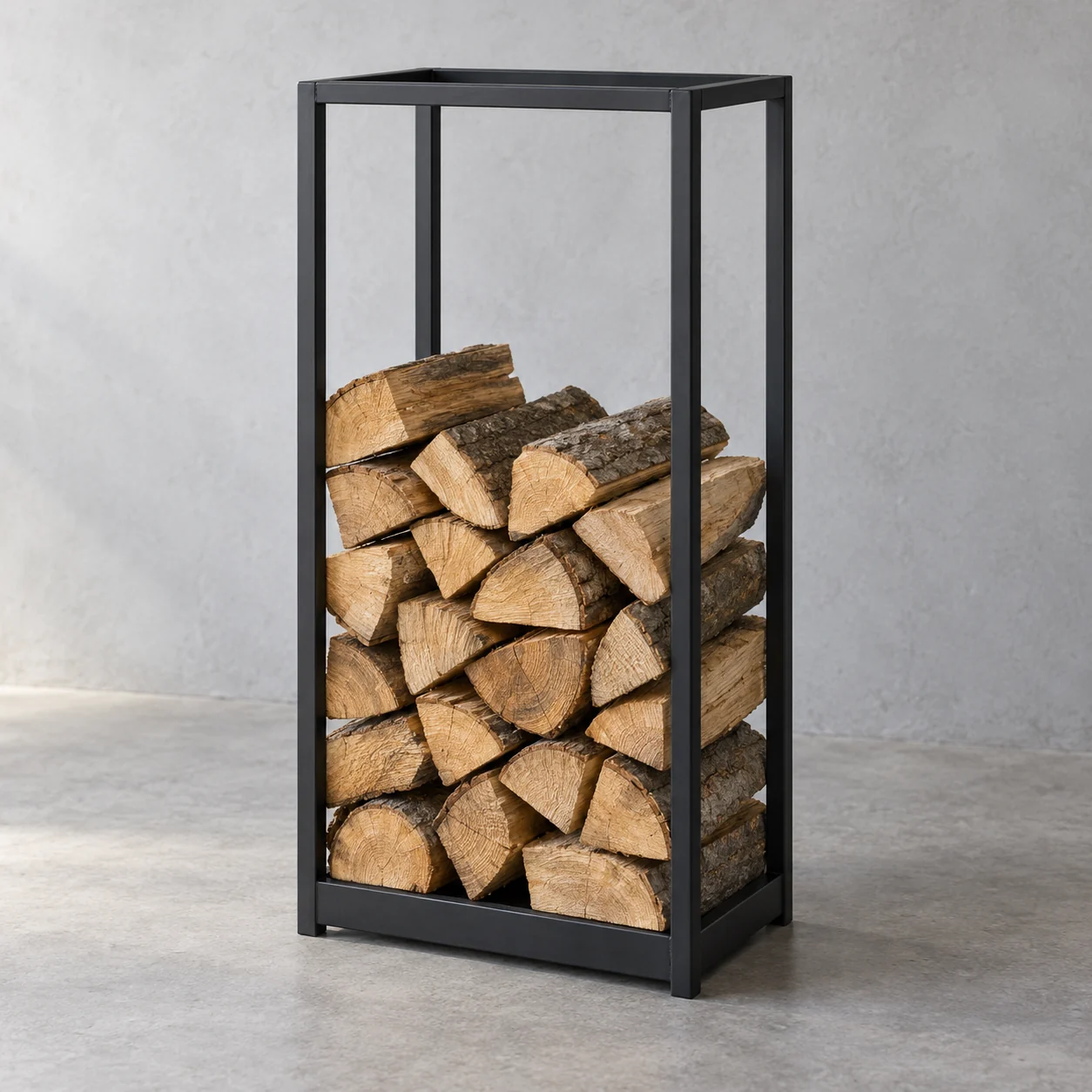 Concept de rangement à bûches vertical dans un cadre rectangulaire en acier noir.