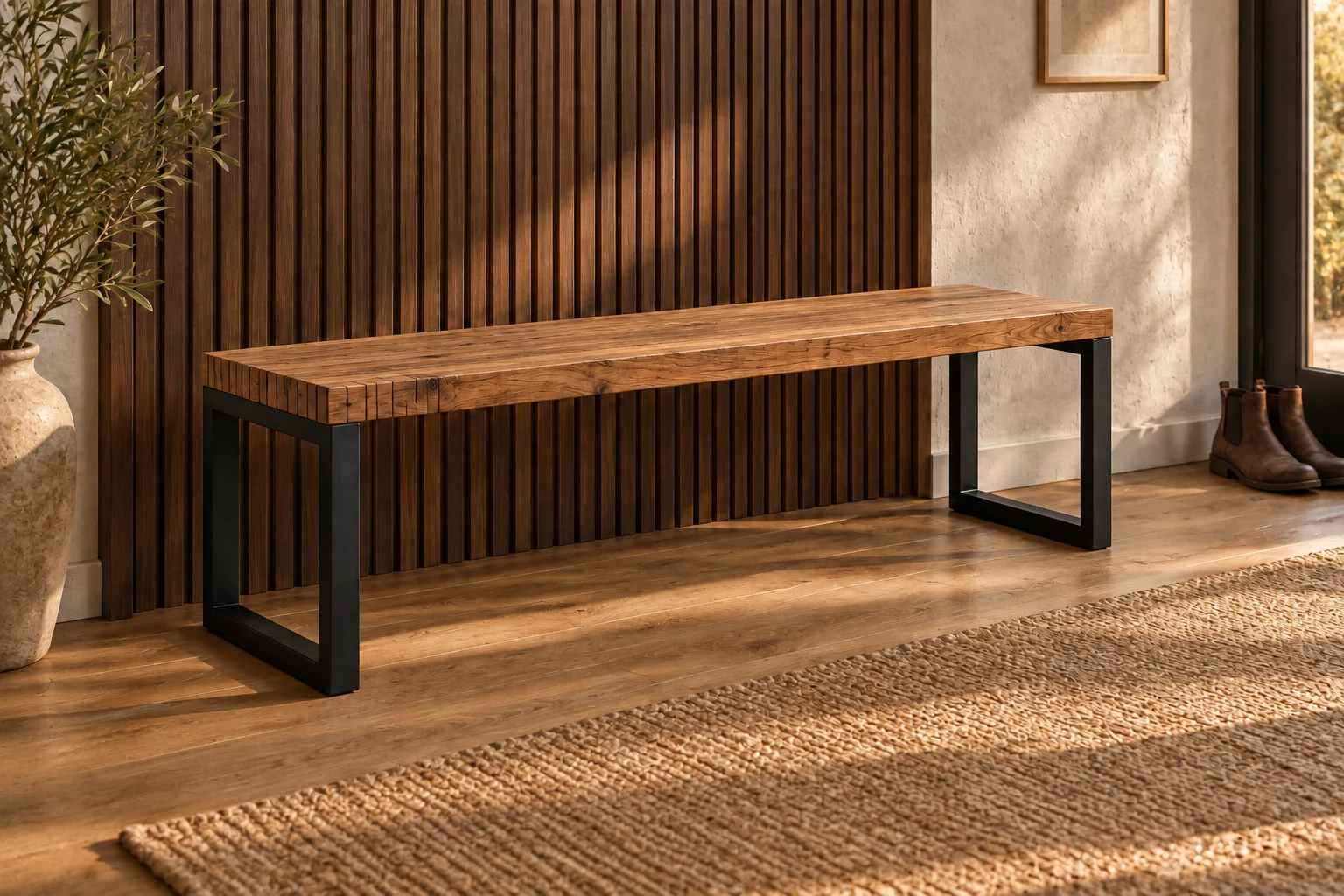 Banc en lamelles de palette et acier installé dans une entrée chaleureuse.
