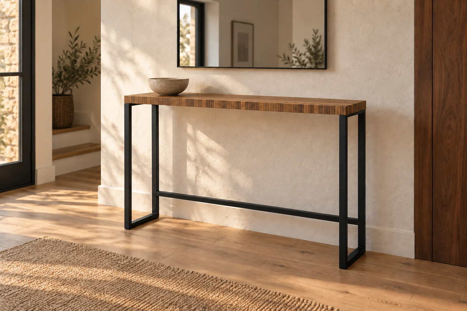 Console en lamelles de palette et acier placée dans une entrée aux matières naturelles.