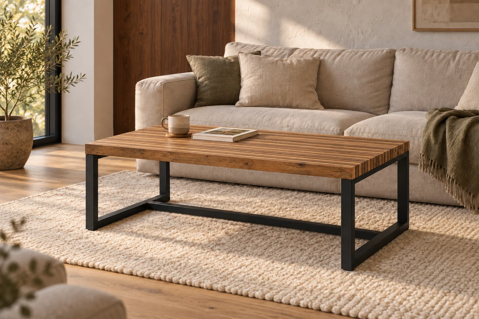 Table basse en lamelles de palette et acier dans un salon chaleureux et épuré.