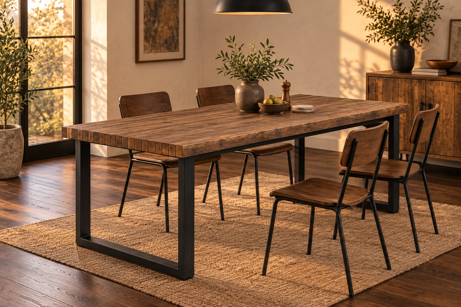 Table de repas en lamelles de palette et acier dans une salle à manger chaleureuse.